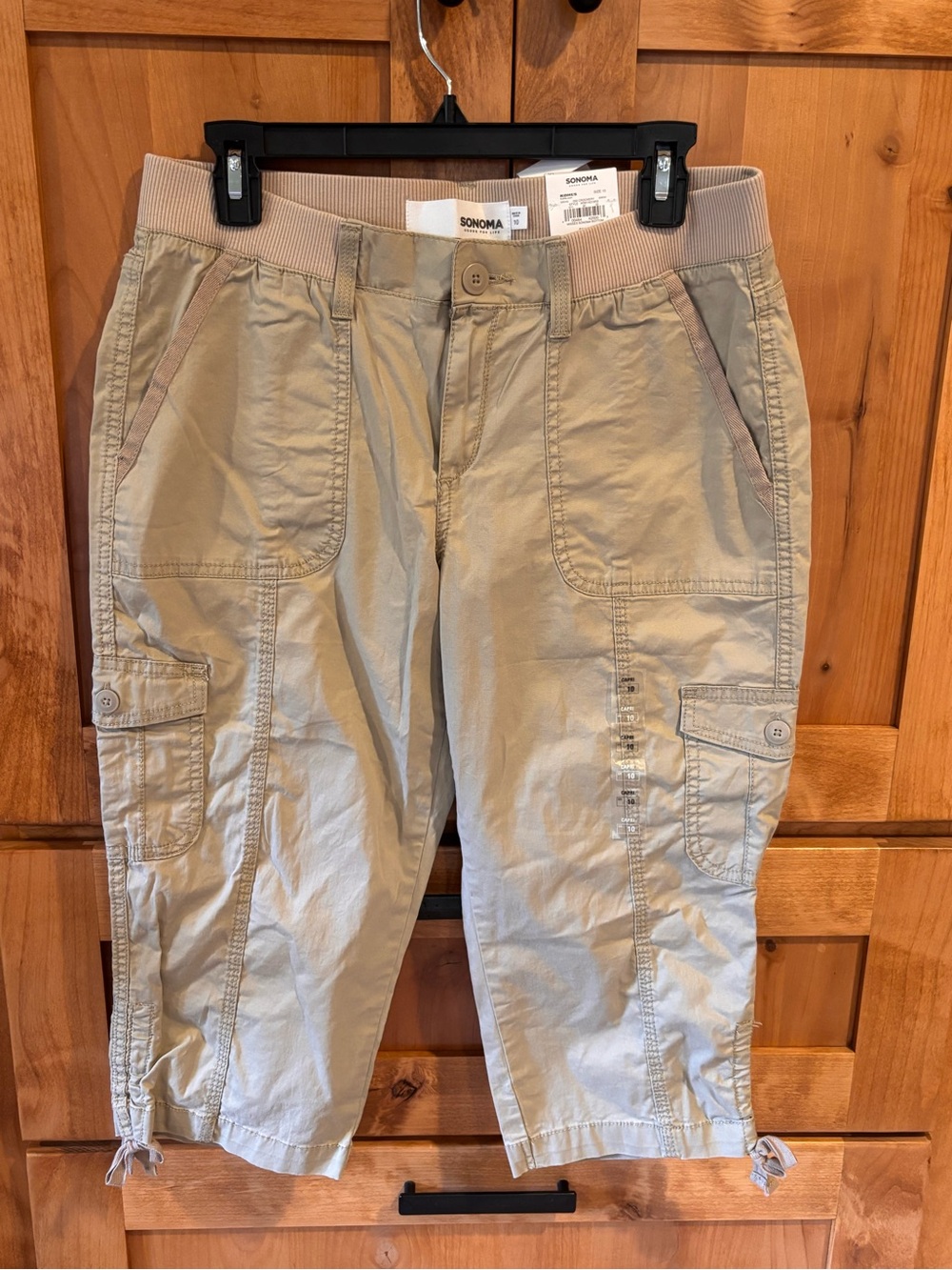 Sonoma Women's Beige Cargo Capris with Elastic Rib Waistband